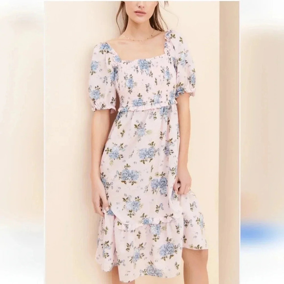 Gal Meets Glam Isabel Smocked Midi Dress Pink Blue Floral Print - Picture 2 of 8